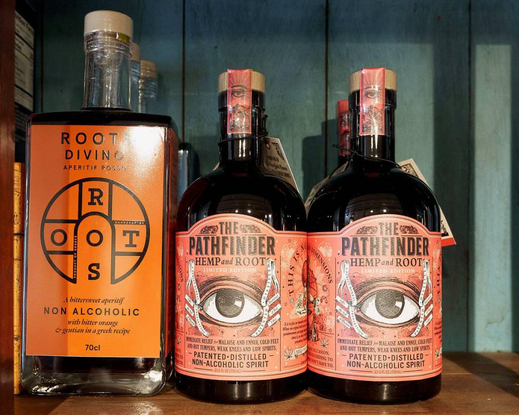 A variety of nonalcoholic spirits are for sale at SugarPill. (Photo by David Welton)