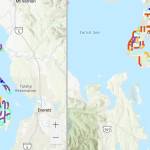 The Island County maps show the existing speed limits, to the left, and the proposed speed limits. Dark blue is 25 mph, green is 30 mph, turquoise is 35 mph, orange is 40 mph, red is 45 mph and purple is 50 mph.