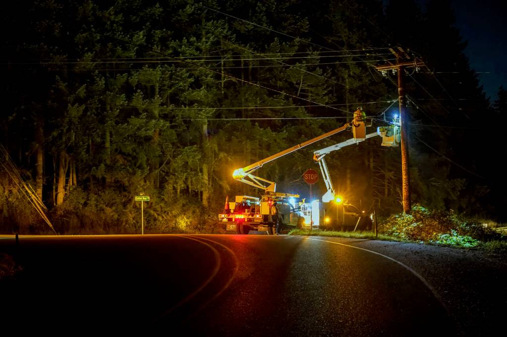 A Puget Sound Energy crew temporarily shut off power and moved lines to make way for the house. (Photo by David Welton)