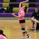 Daisy Lemley, senior, serves the ball in a game against Bellingham. (Photo by John Fisken)