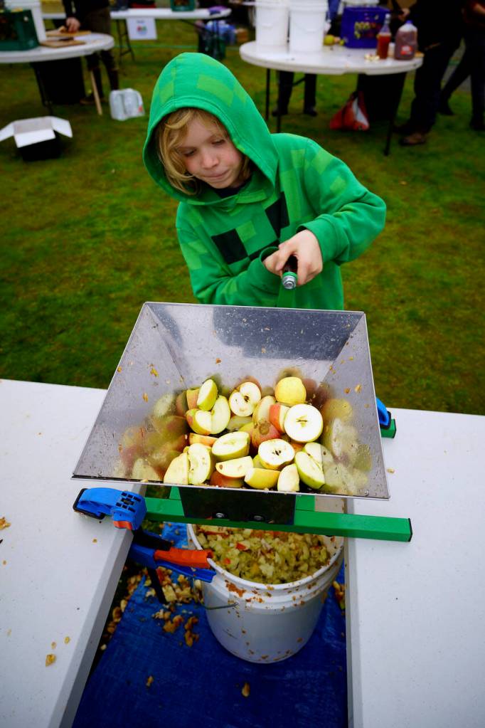 Joseph Leman, 8, crushes some apples. (Photo by David Welton)