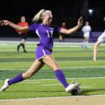 Oak Harbor High School junior Addison Boyer moves the ball against Mount Vernon Oct. 19 where the Wildcats won 5-1. (Photo by John Fisken)