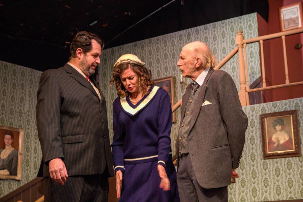 Jonathan Brewster (at left) and Dr. Einstein (at right) intimidate Mortimers fiancée Elaine Harper (played by Melissa Van Der Veen). (Photo by Luisa Loi)