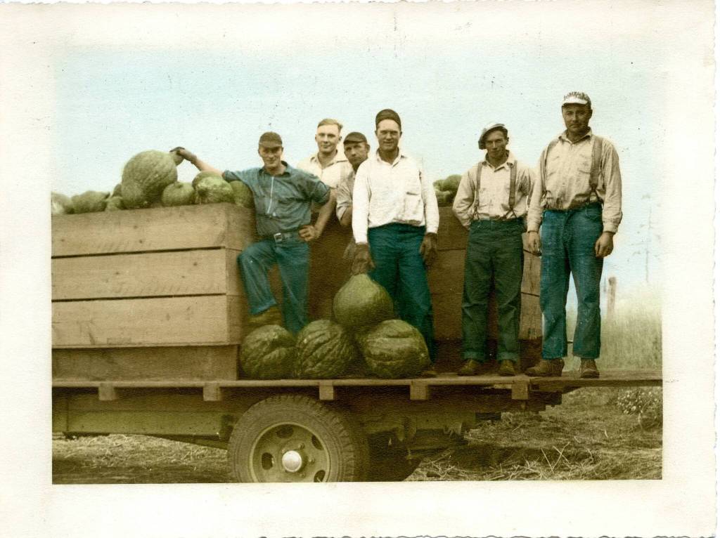 A group of men pose with a load of sugar Hubbard squash more than 60 years ago. On the far right, Wilbur Sherman, Edwin Shermans brother. (Photo provided)
