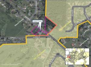 In order to be annexed, the Smiths need to combine their property (outlined by the purple rectangle) with the Kirkendalls' two properties that border with the city. (Map provided by the City of Oak Harbor)