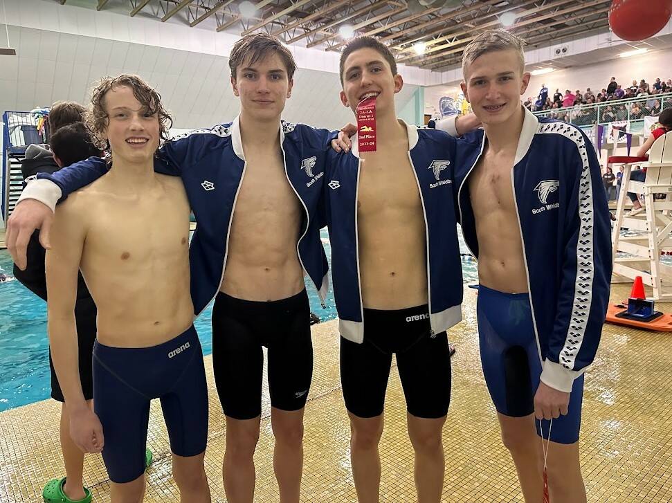 The South Whidbey boys swim team, from left to right: Rowan Jung, Tyson Prendergast, Jack Hempel and Caleb Lewis. (Photo by Matt Simms)