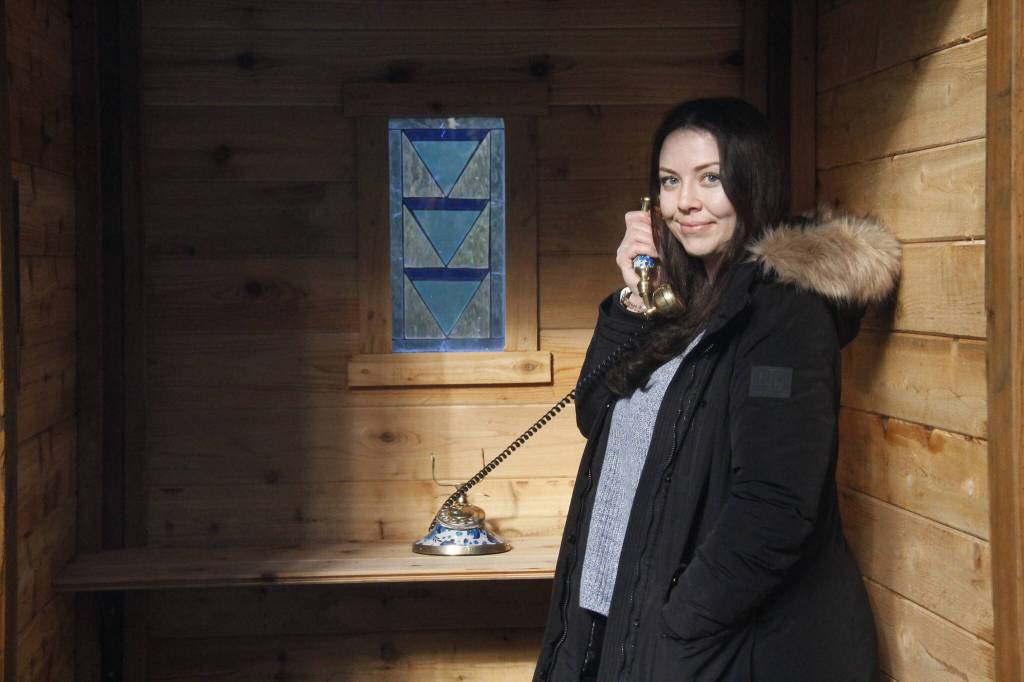 Photo by Kira Erickson/South Whidbey Record
Suzie Reynolds demonstrates how to use the new wind phone at Trustland Trails Park.