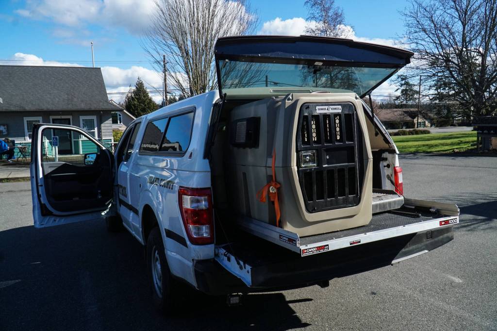 The animal control pick-up, in addition to virtually the same equipment as a regular deputy vehicle, holds  a kennel and other animal catching and containment equipment. (Photo by Sam Fletcher)