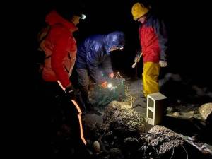 Volunteers deploy a cage at Possession Point State Park in the fall of 2023. A total of 108 cages were deployed at various locations around the Puget Sound. (Photo provided)