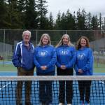 South Whidbey’s girls tennis coaches will retire at the end of the season. From left is volunteer Tom Kramer, who coached from 1978-2012, current coach Karyle Kramer and assistant coaches Bess Windecker-Nelson and Jenny Gochanour. Photo by Nathan Whalen.