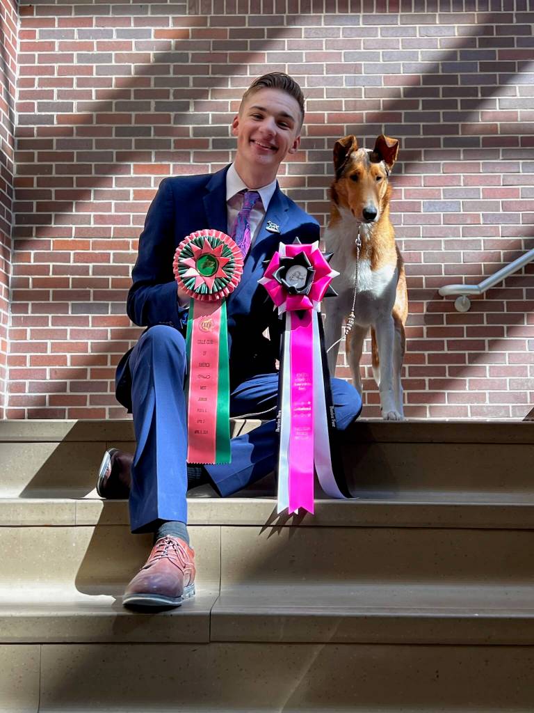 Photo provided
Brayden Burn, a junior at Oak Harbor High School and volunteer firefighter at North Whidbey Fire and Rescue, is the first male in 21 years to win the Best in Show title at the Collie Club of Americas National Specialty. He was recognized at this national competition for the way he presented himself and his smooth collie, Tsunami.
