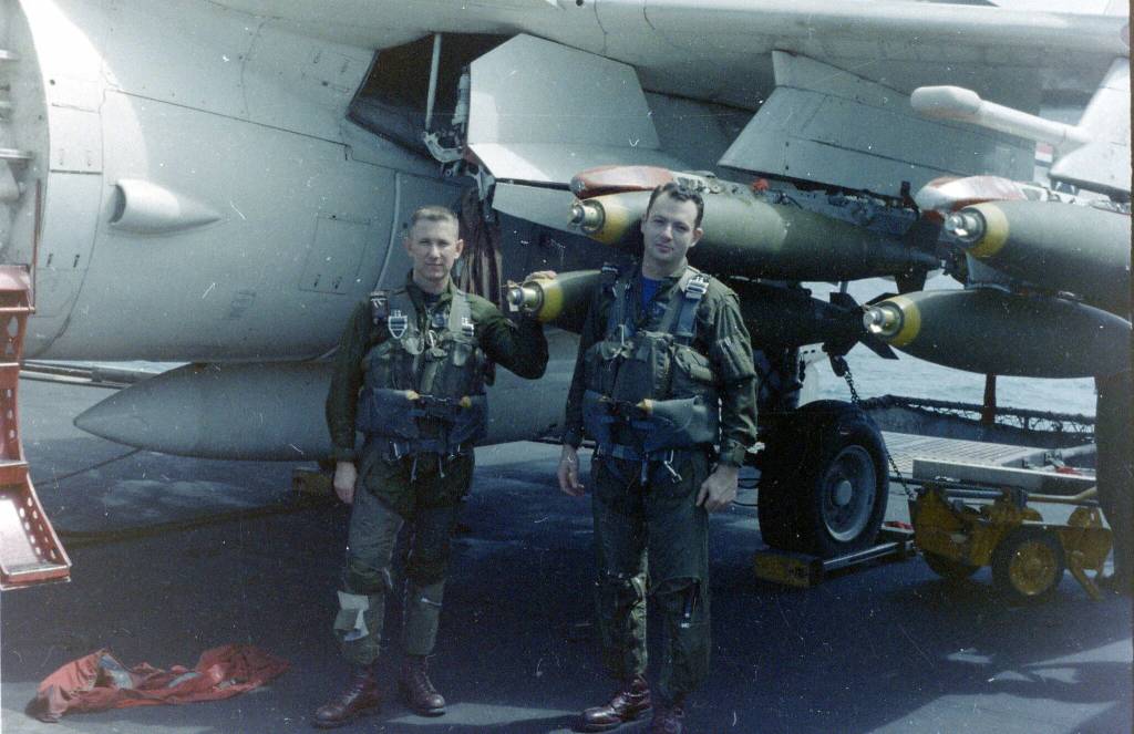 Capt. Dave Williams, right, poses with another pilot early in his career. (Photo provided)