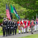 CPO William Thiel, US Navy (Ret) Oak Harbor High School NJROTC Color Guard, Joined by Sones of the American Revolution, George Washington Chapter and USN Sea Cadets Corps, ORION Squadron present the colors at the Memorial Day Service of Remembrance at the Maple Leaf Cemetary, May 27 (photo by Caitlyn Andrson)