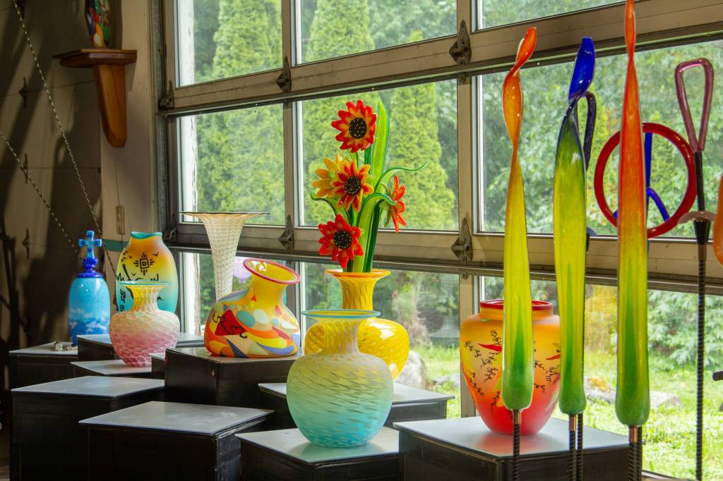 Glass pieces made by Dan, Joi and Aaron at LaChaussee Blown Glass studio. (Photo by Caitlyn Anderson)