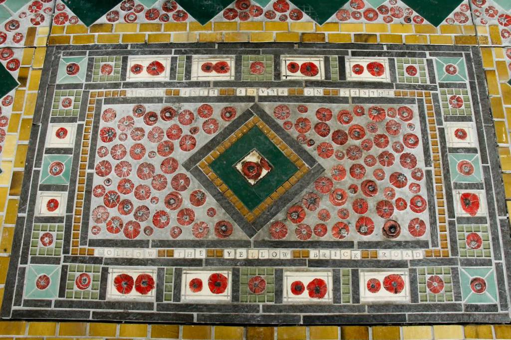 Tiled floor in Carol Rose Deans studio reads Follow the yellow brick road. (Photo by Kira Erickson/South Whidbey Record)