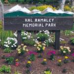 A former sign of Hal Ramaley Memorial Park rises above flowers. (Photo provided)