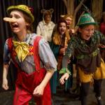 From left, Tevrin Murray, Callum Cassée, Leah Bixby, Aidan Martin and Layla Akhtar as fairytale creatures flee from director Michael Morgen, who is standing in for the fearsome ogre Shrek in this scene. (Photo by David Welton)
