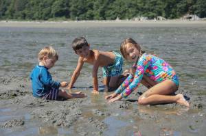From left, brothers Henry and Charlie Katz and their cousin Penelope Hemker dig a hole in the sand at Double Bluff Beach, July 9. (Photo by Caitlyn Anderson)