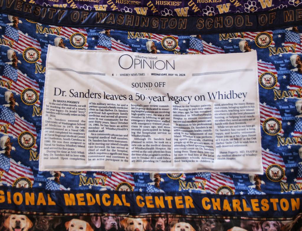 A Whidbey News-Times Sound Off piece was turned into fabric for a special blanket. (Photo by Luisa Loi)