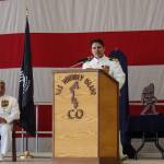Photo by Sam Fletcher
Commanding Officer Capt. Eric Hanks addresses Naval Air Station Whidbey Island for the last time.