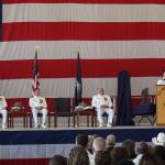 Commanding Officer Capt. Eric Hanks addresses Naval Air Station Whidbey Island for the last time. (Photo by Sam Fletcher)
