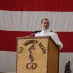 Capt. Nathan Gammache addresses Naval Air Station Whidbey Island for the first time as commanding officer at Thursdays change of command ceremony. (Photo by Sam Fletcher)