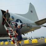 Photo by Sam Fletcher
Lt. Justin Goode and Dan Gleeson exit the P-3 Orion at Naval Air Station Whidbey Island on Saturday.