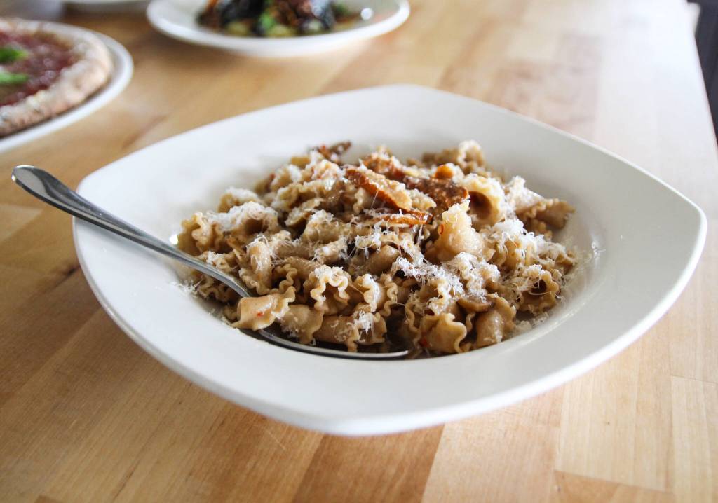 Goldies and The Roosts Pasta Ai Funghi, made with spelt campanelle, lobster mushroom, chantrelles and parmigiano. (Photo by Luisa Loi)