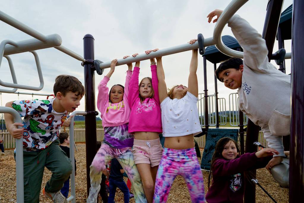 Photo by David Welton
Kids hang from a bar in the new playground.