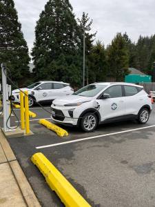 Photo provided
Level 2 electric vehicle charging stations power up Island County vehicles outside of the Camano Island administration building.