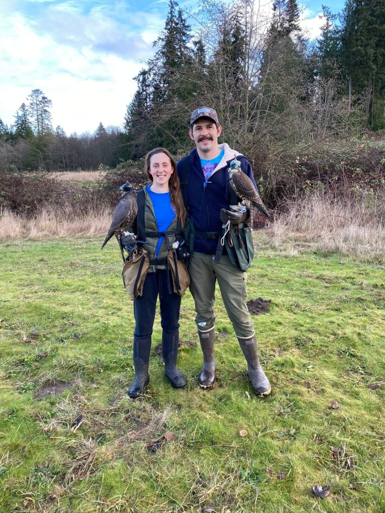 Bethany and Justin Rondeaux hold their falcons, Griffin and Sky. (Photo provided)