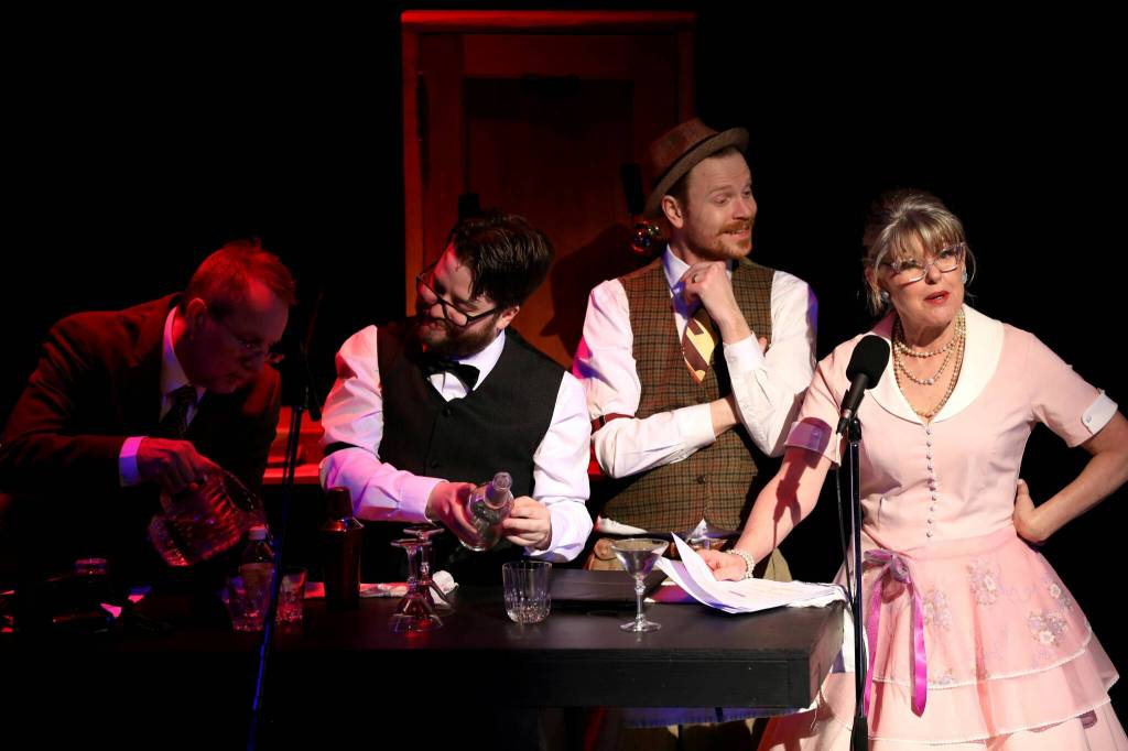 (Photo by Whidbey Island Center for the Arts)
From left, Tony Brewer (Foley Artist), Zachary Schneider (Foley Assistant), Orson Ossman (writer/director) and Suzi Dixon (Karen Flemming) on the WICA stage.