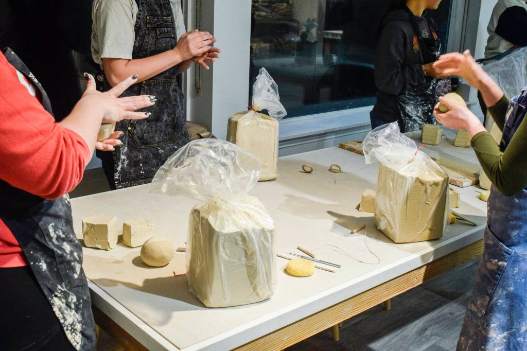 Pottery class begins with pounding, rolling and shaping the clay at the Whidbey Clay Center in Freeland. (Patricia Guthrie / Special to The Herald)