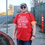 (Photo by Luisa Loi) Wolfgang Nyland wore a shirt saying Make America Not Racist For The First Time.