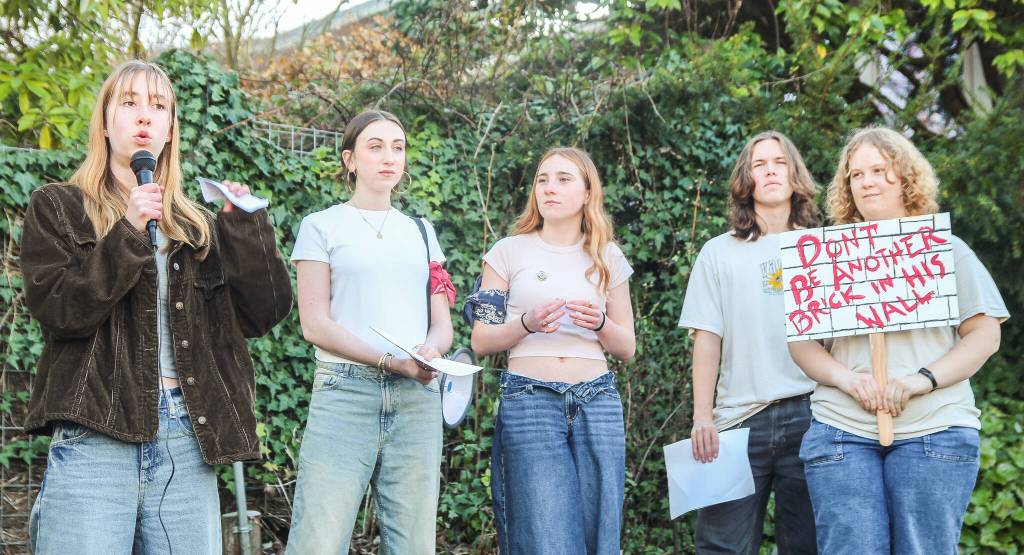 (Photo by Luisa Loi)
At left, Lilly Katzinger, Molly Nattress, Reed Atwood, Carter McKnight and Kjersti Ringsrud spoke about the importance of community and allyship.