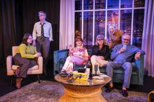 Photo by Jim Carroll
From left, Ellie Alexander, Ned Farley, Gail Liston, Suzi Dixon, Dana Bretz and Tony Salome make up the cast of local playwright Amanda Goodwins play Here Lies Honesty playing at OutCast Productions in Langley through March 30.