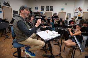 The South Whidbey High School wind ensemble practices under Chris Harshmans direction. (Photo by David Welton)
