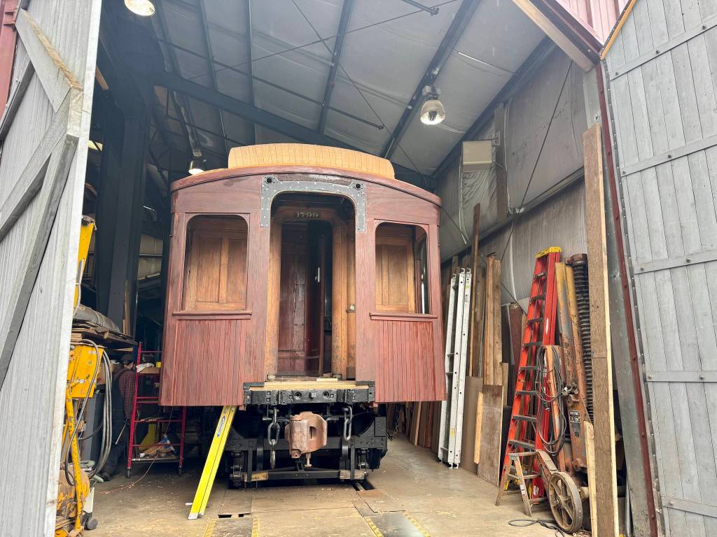 An exterior end of parlor car 1049 in the Northwest Railway Museums workshop, April 29, 2025.
