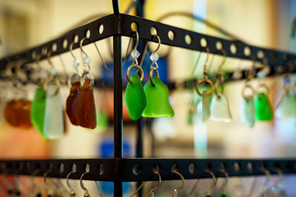 (Photo by David Welton)
Sea glass earrings made by Kent Sanders, a retired teacher who attended jewelry school to learn how to make his art.