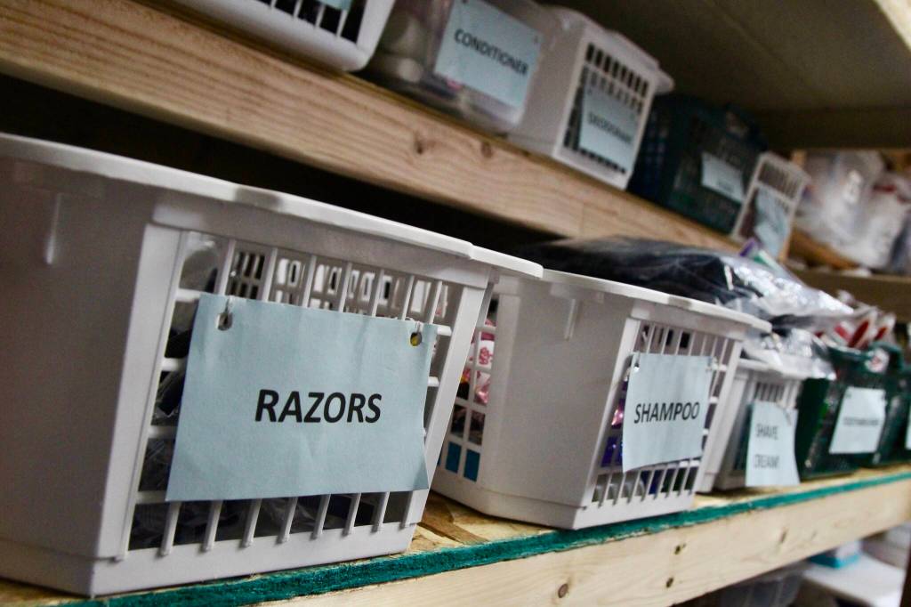 Boxes of razors, conditioner, shave cream and other feminine hygiene products at the warehouse (Photo by Marina Blatt)