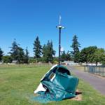 Melted porta potty at Volunteer Park. Photo From Oak Harbor's Facebook page