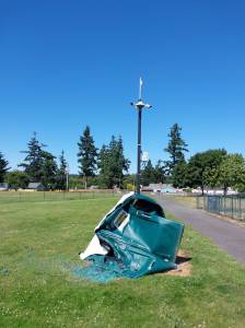 Melted porta potty at Volunteer Park. Photo From Oak Harbor's Facebook page