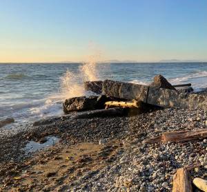 Photo by Marina Blatt
A wave hits a rock at Point Partridge the night of the tsunami advisory on Whidbey.