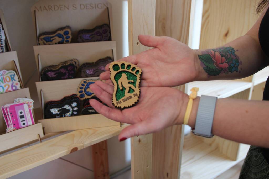 (Photo by Marina Blatt) Crafts are PNW themed, like this bedazzled Bigfoot souvenir.