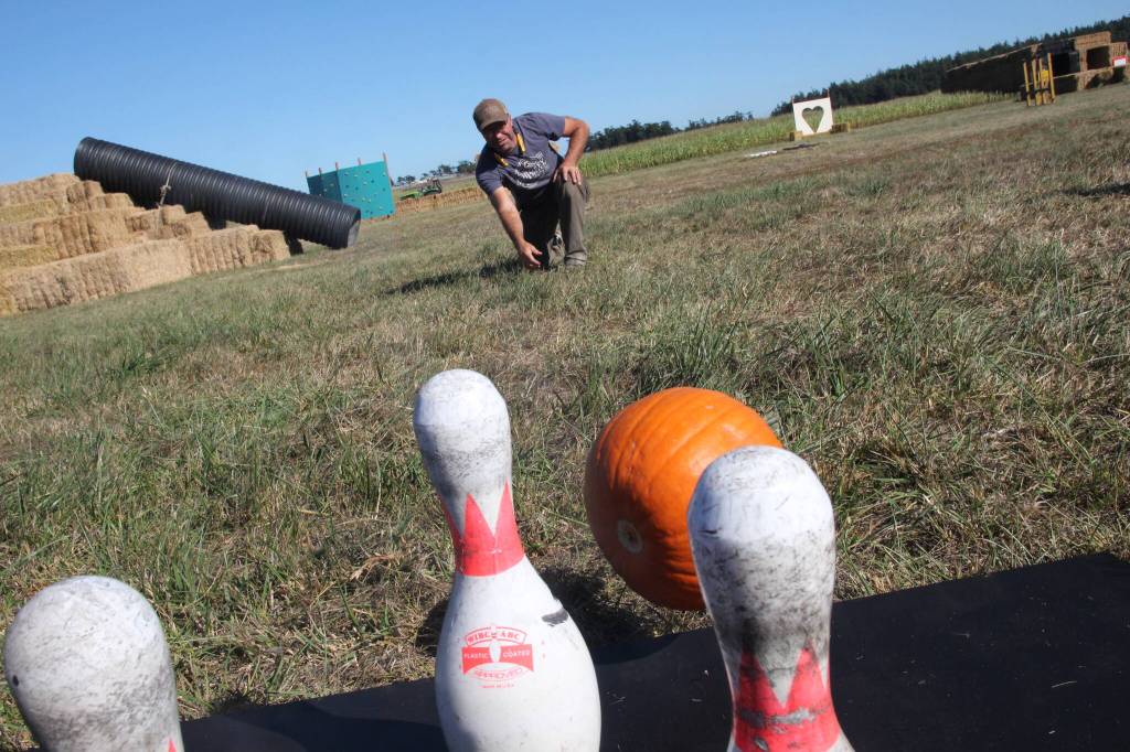 (Photo by Marina Blatt) Steve Hiborn plays pumpkin bowling.