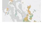 The tree equity map shows the scores on the urban and semi-urban areas of Whidbey Island. The darker green connotes the higher scores.
