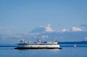 Photo by David Welton
A ferry on the Coupeville-to-Port Townsend route cruises with Mount Rainier in the background.