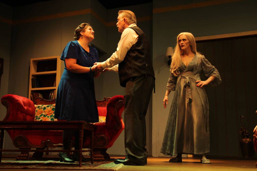 Elivira does little to hide her jealousy of her husbands new wife. From left are Shealyn Christie (Ruth), Abby Thuet (Elvira) and Lachlan Waterbury (Charles). (Photo by Marina Blatt)