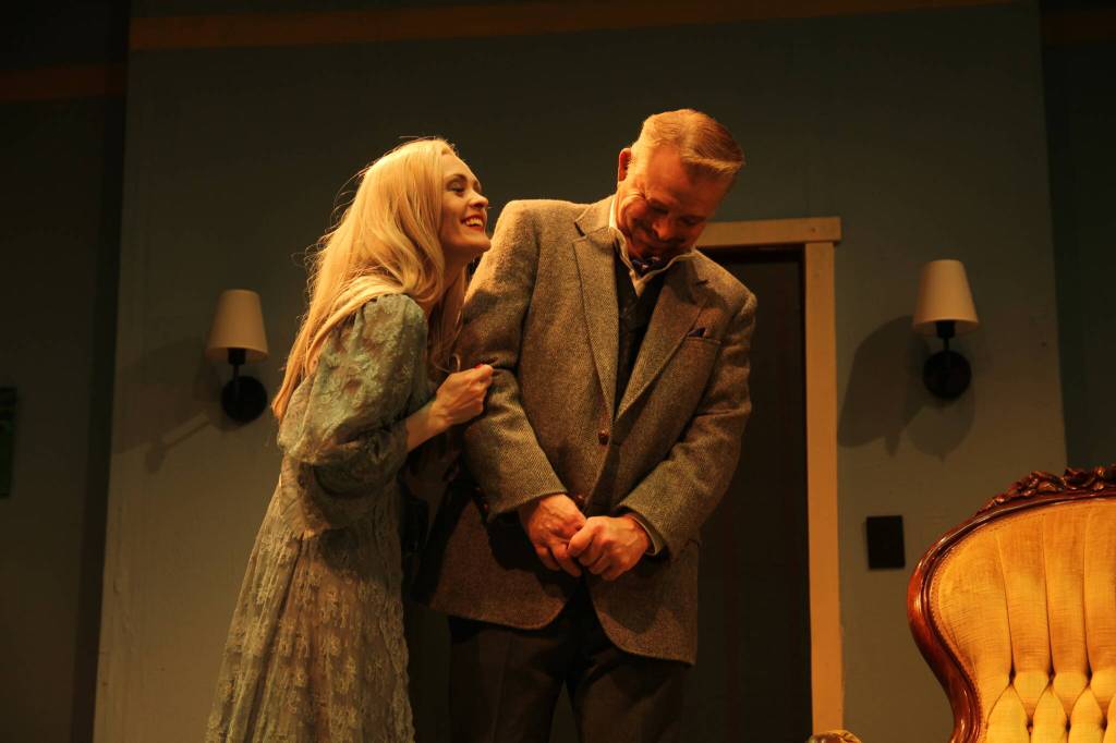 Elvira (Abby Thuet) tries to seduce her husband Charles (Lachlan Waterbury) even though she is a ghost. (Photo by Marina Blatt)