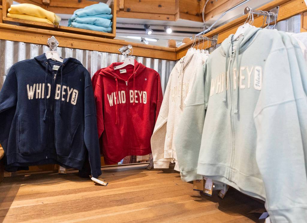 Whidbey hoodies at The Star Store in Langley. (Olivia Vanni / The Herald)